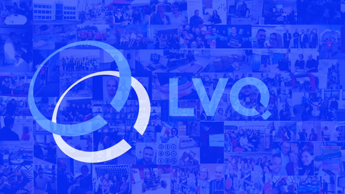 blaues LVQ-Logo zusammengesetzt aus LVQ-Team-Bildern